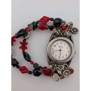 Vintage Legacy Watch Women Black, Red & Silver Beaded Bracelet Band- New Battery